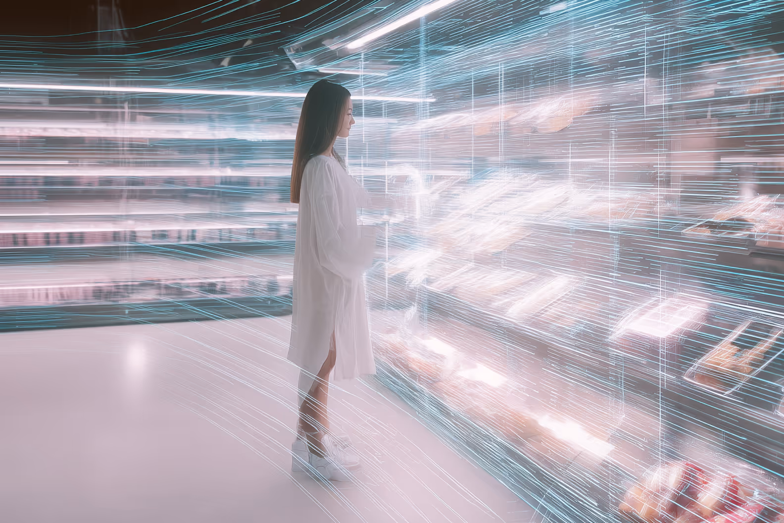 Girl in futuristic supermarket